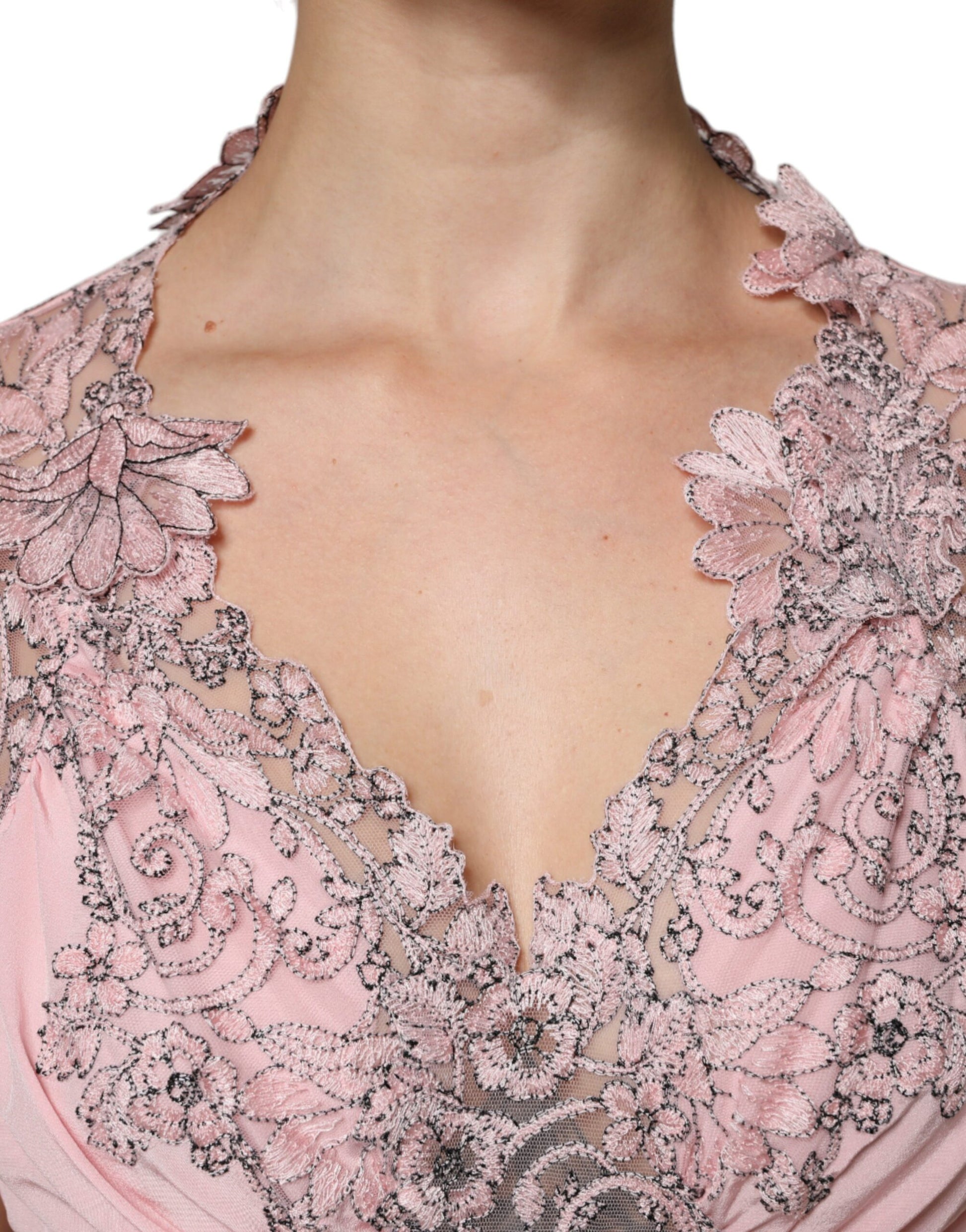 Ermanno Scervino Pink Floral Lace Short Sleeves V-neck Midi Dress Ermanno Scervino
