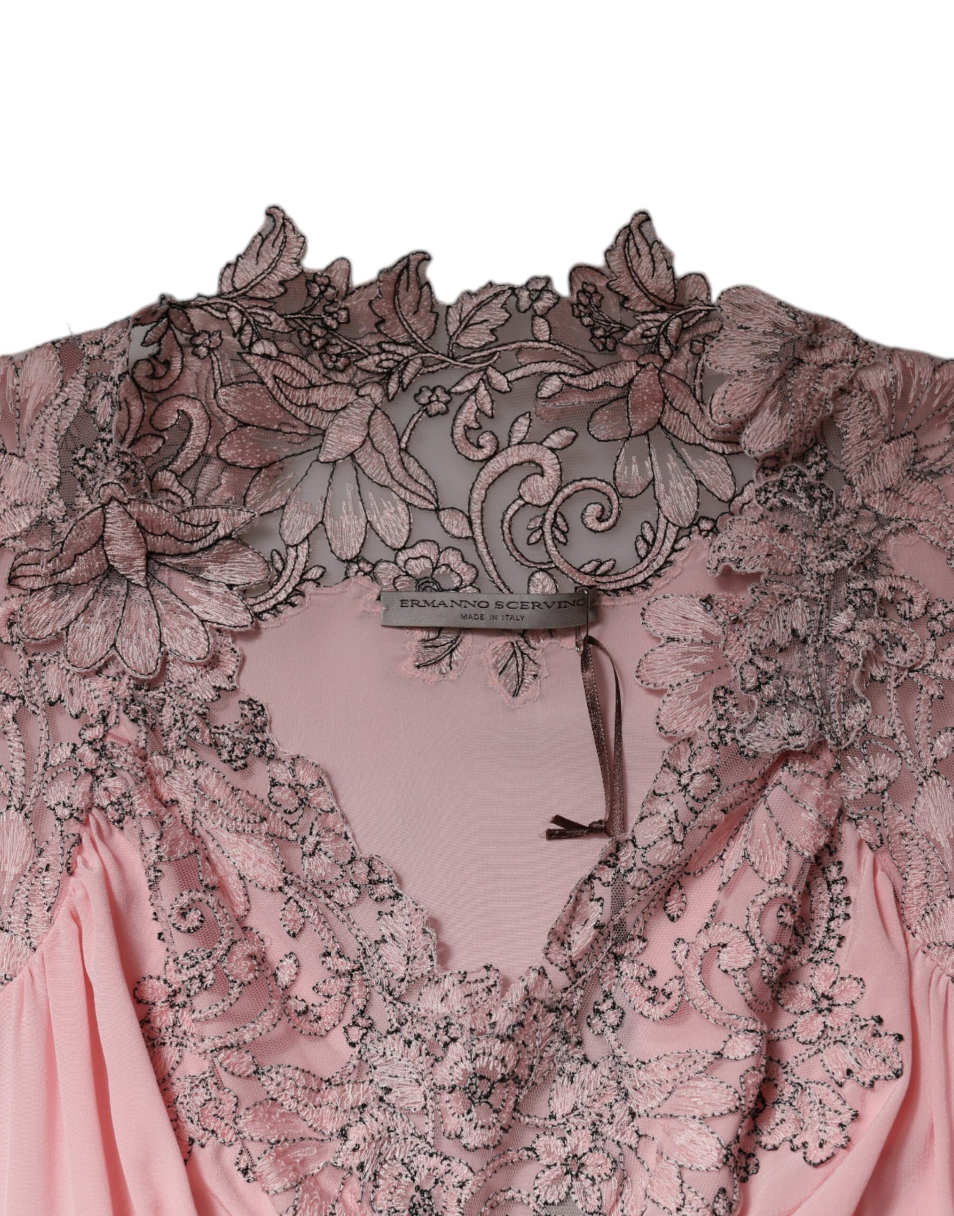 Ermanno Scervino Pink Floral Lace Short Sleeves V-neck Midi Dress Ermanno Scervino