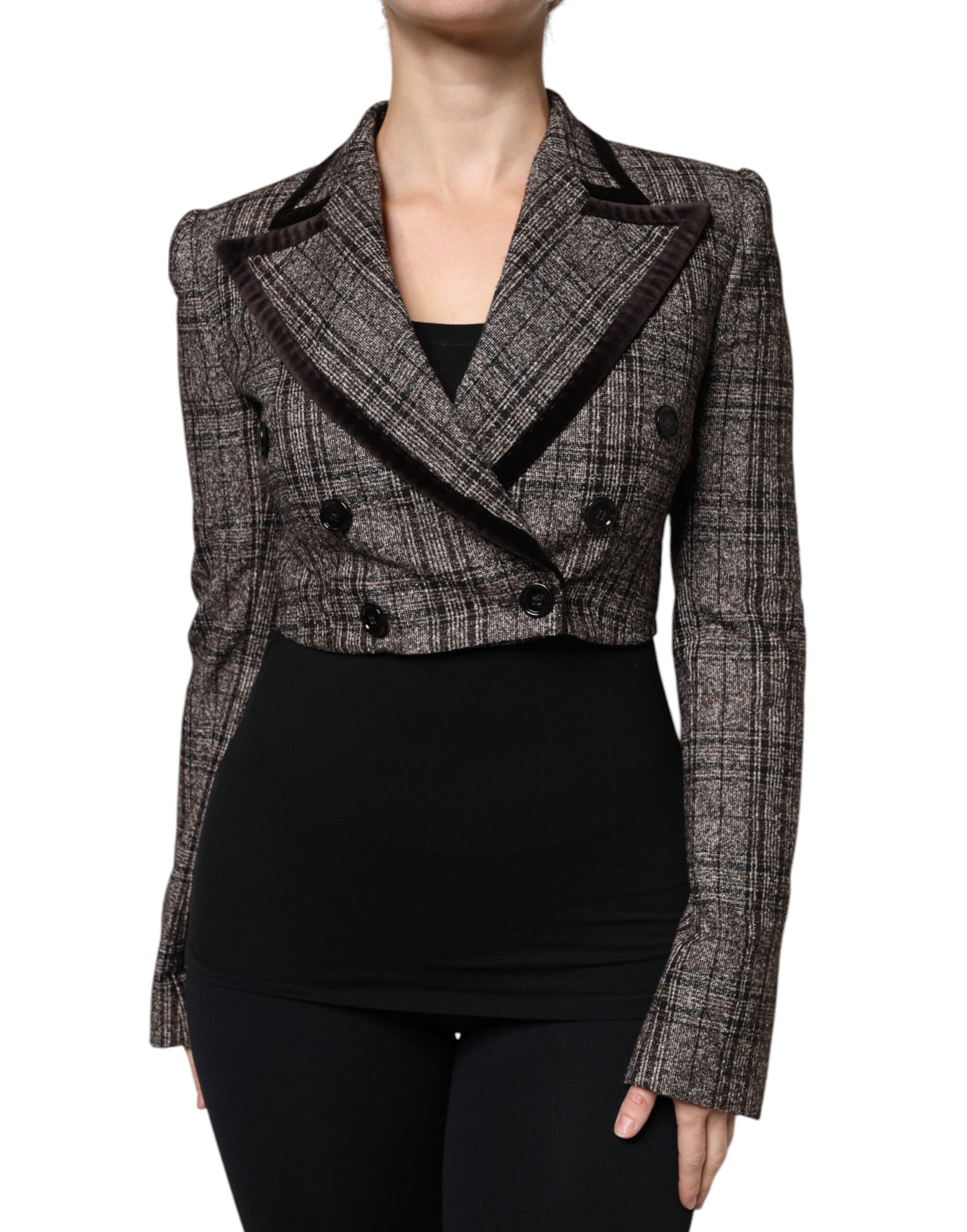 Dolce & Gabbana Brown Plaid Long Sleeve Cropped Coat Jacket Dolce & Gabbana