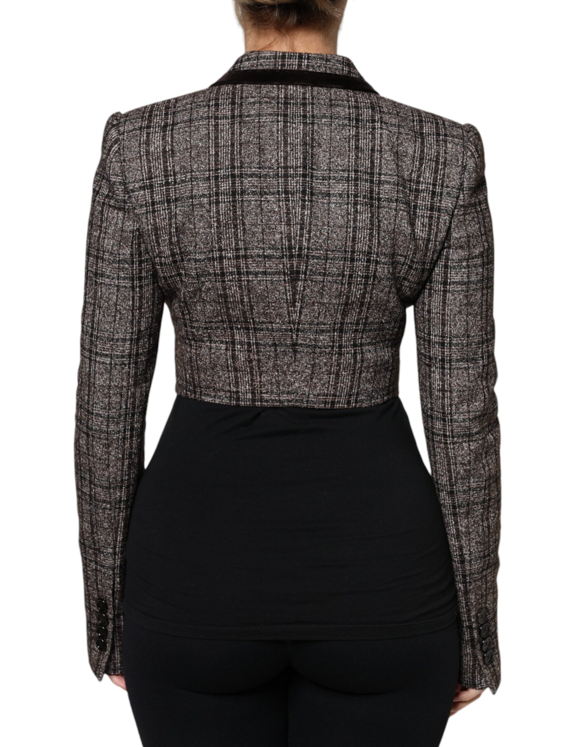 Dolce & Gabbana Brown Plaid Long Sleeve Cropped Coat Jacket Dolce & Gabbana