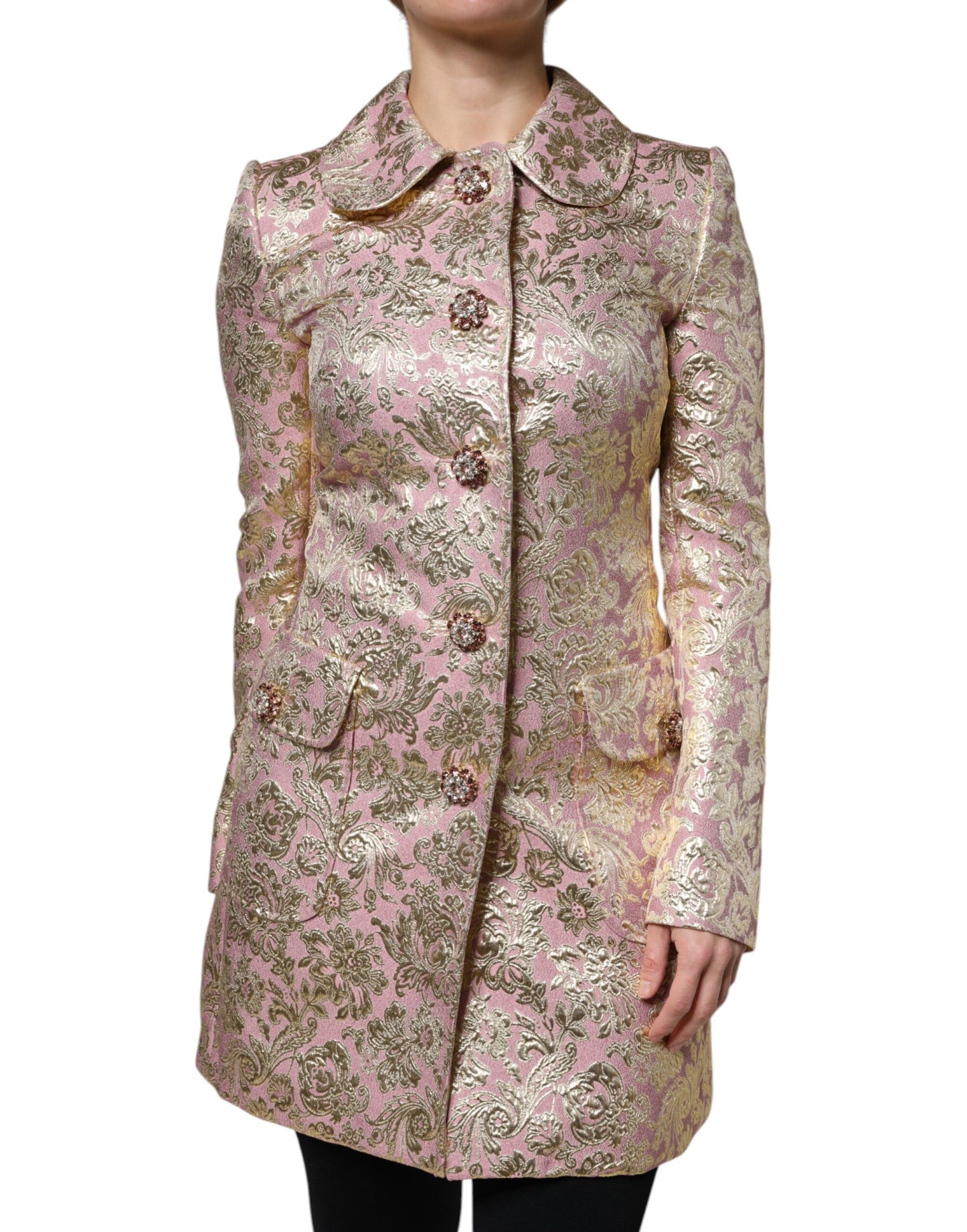 Dolce & Gabbana Metallic Pink Gold Jacquard Jewel Button Coat Jacket Dolce & Gabbana