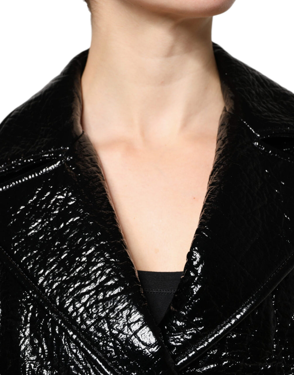 Dolce & Gabbana Black Leather Cropped Long Sleeve Coat Jacket - Eljoys Fashion 