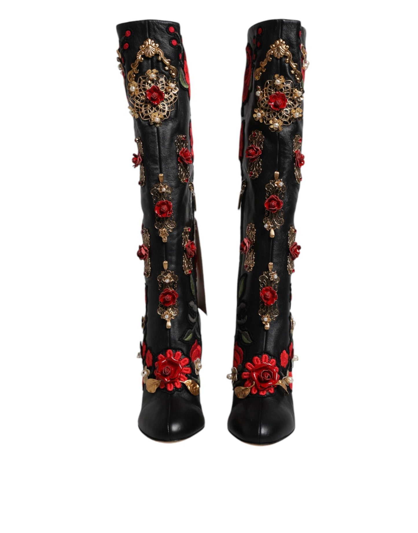 Dolce & Gabbana Black Roses Embellished Leather Heel Boots Shoes Dolce & Gabbana