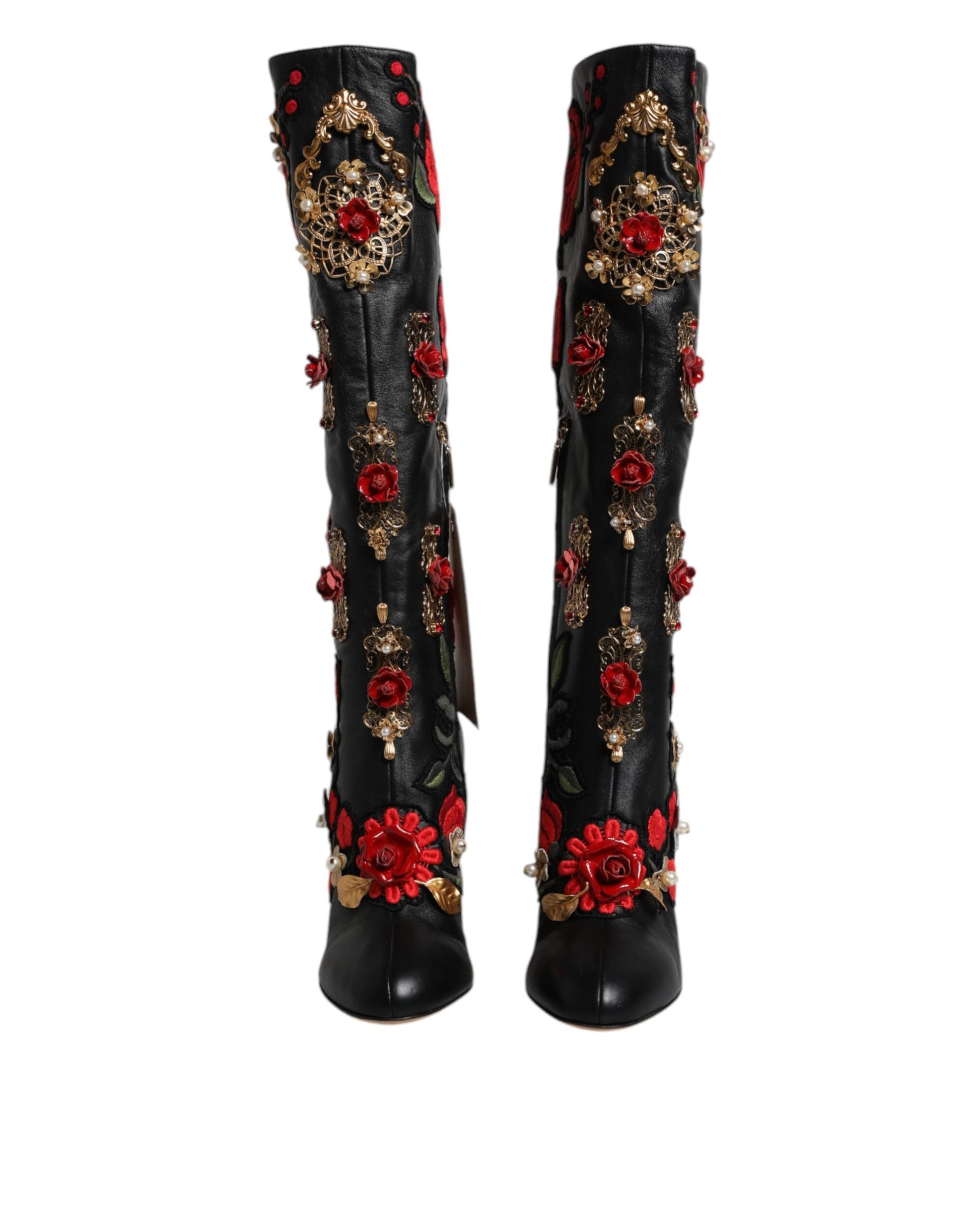 Dolce & Gabbana Black Roses Embellished Leather Heel Boots Shoes Dolce & Gabbana