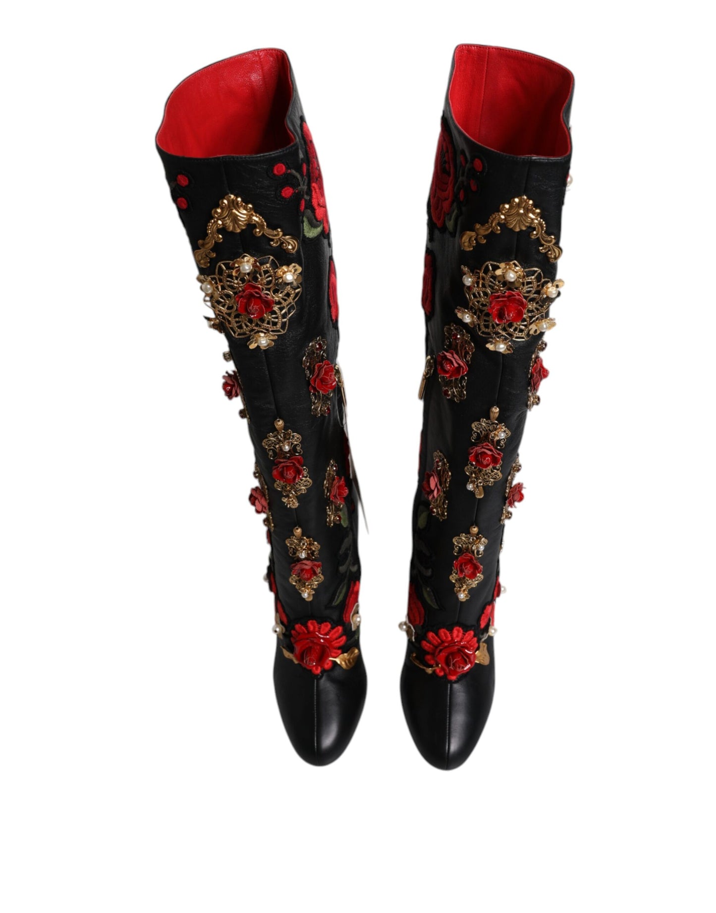 Dolce & Gabbana Black Roses Embellished Leather Heel Boots Shoes Dolce & Gabbana