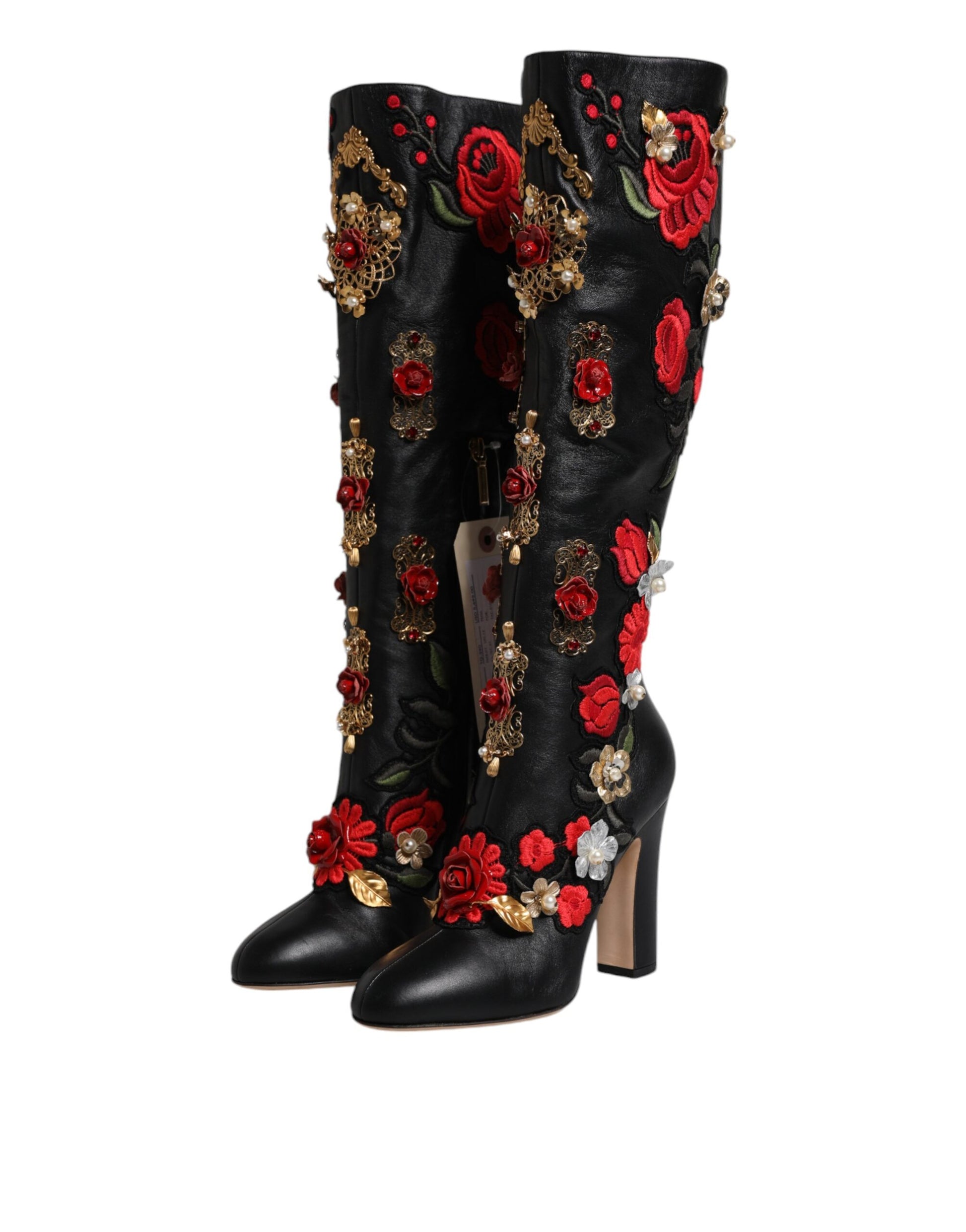 Dolce & Gabbana Black Roses Embellished Leather Heel Boots Shoes Dolce & Gabbana