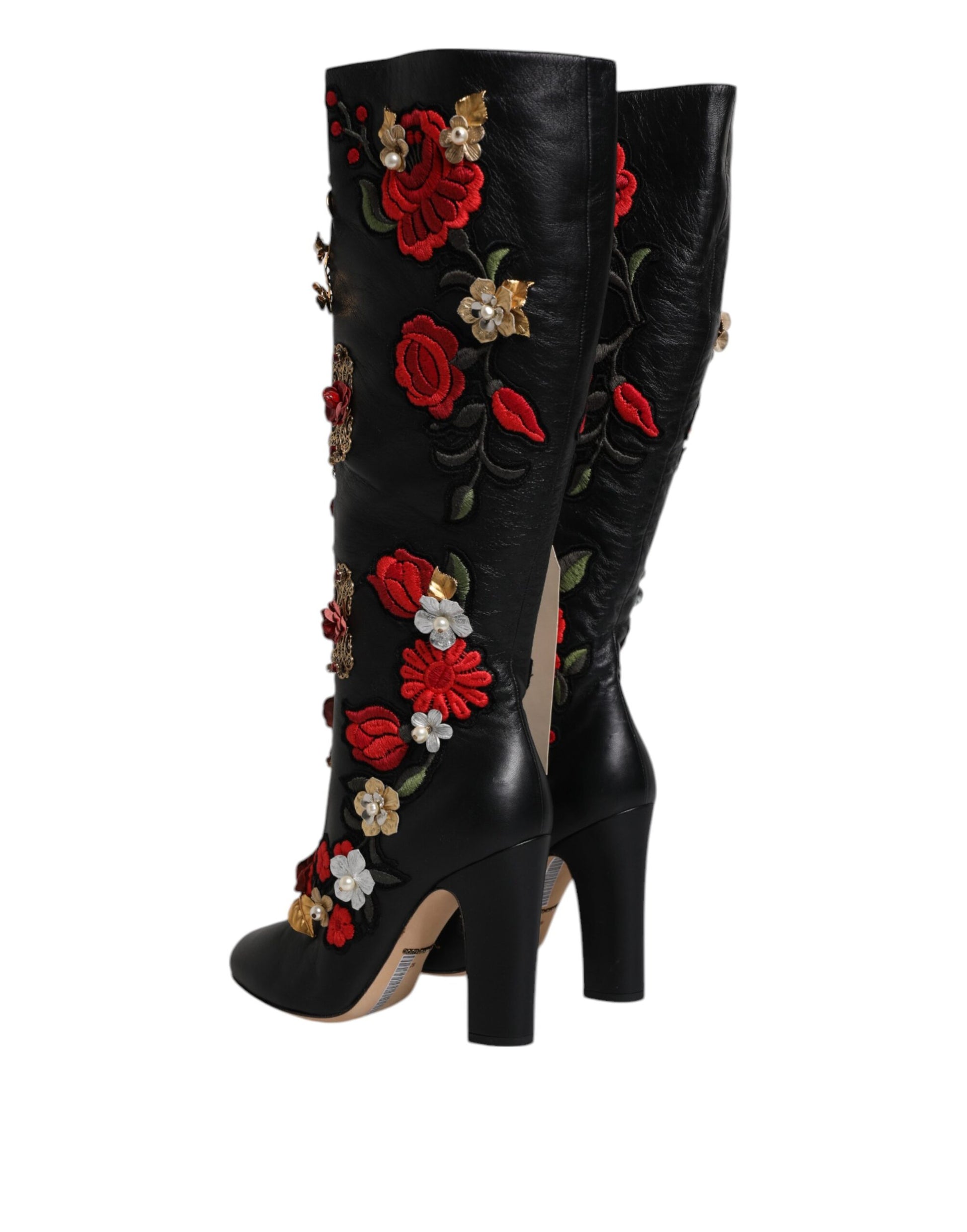 Dolce & Gabbana Black Roses Embellished Leather Heel Boots Shoes Dolce & Gabbana