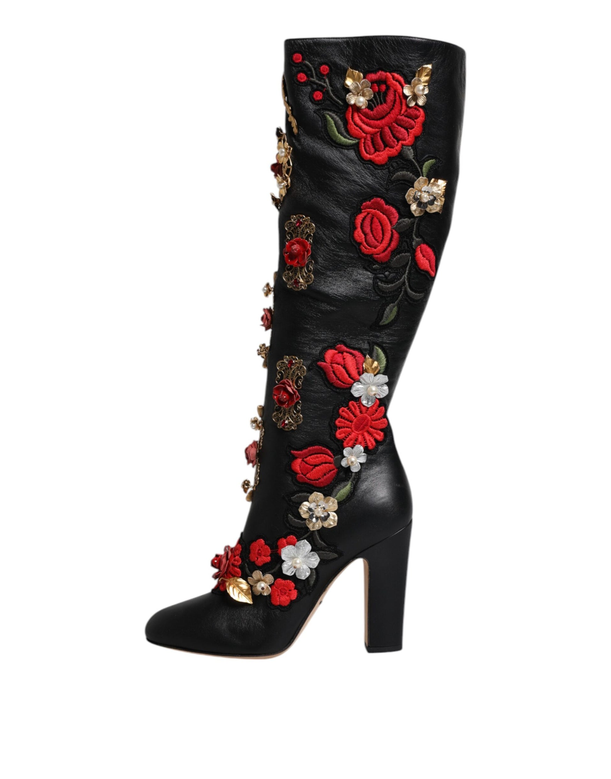 Dolce & Gabbana Black Roses Embellished Leather Heel Boots Shoes Dolce & Gabbana