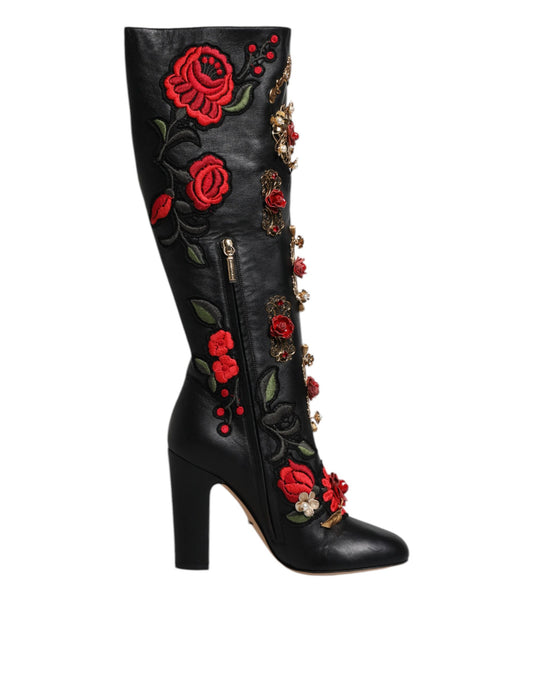 Dolce & Gabbana Black Roses Embellished Leather Heel Boots Shoes Dolce & Gabbana