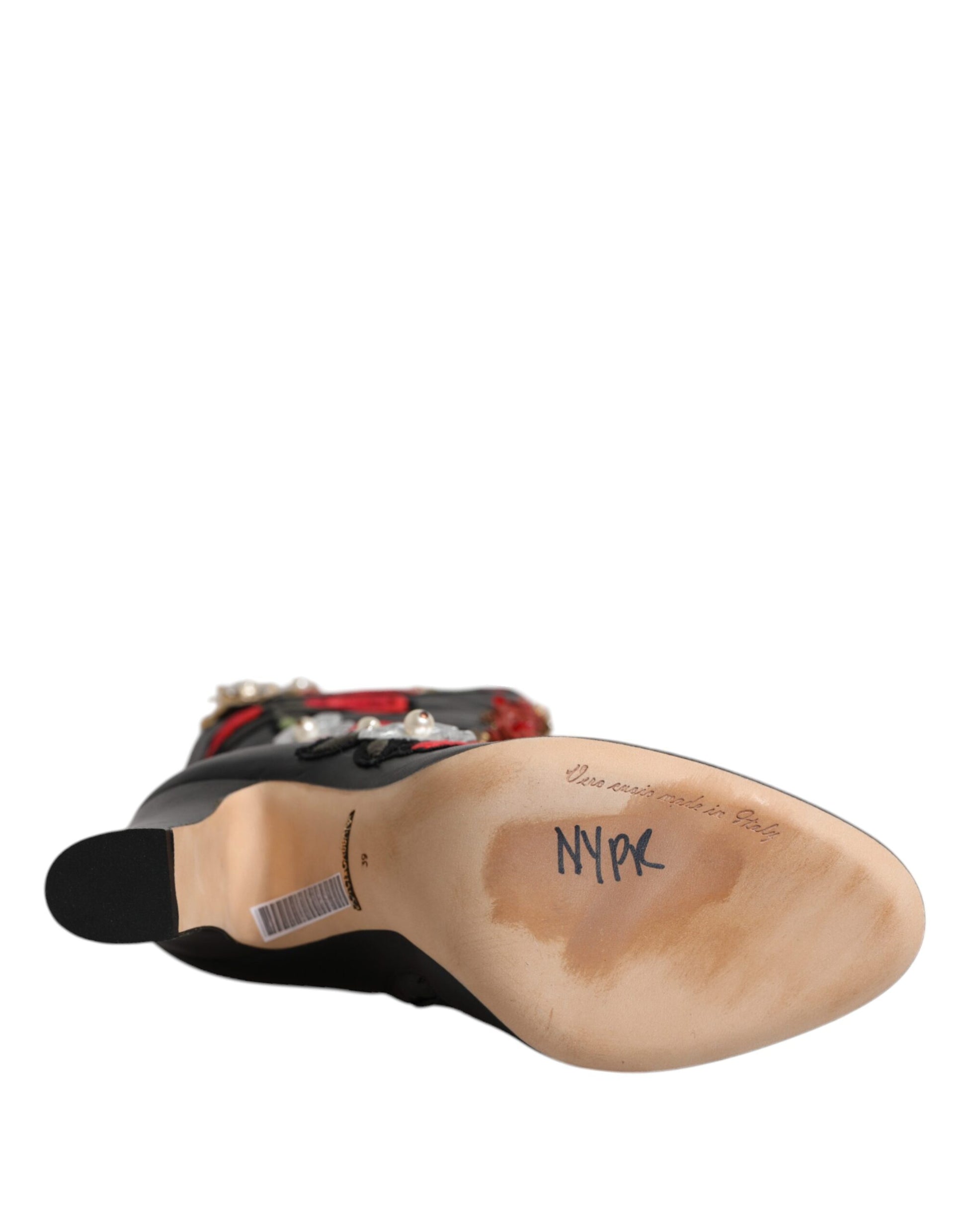 Dolce & Gabbana Black Roses Embellished Leather Heel Boots Shoes Dolce & Gabbana