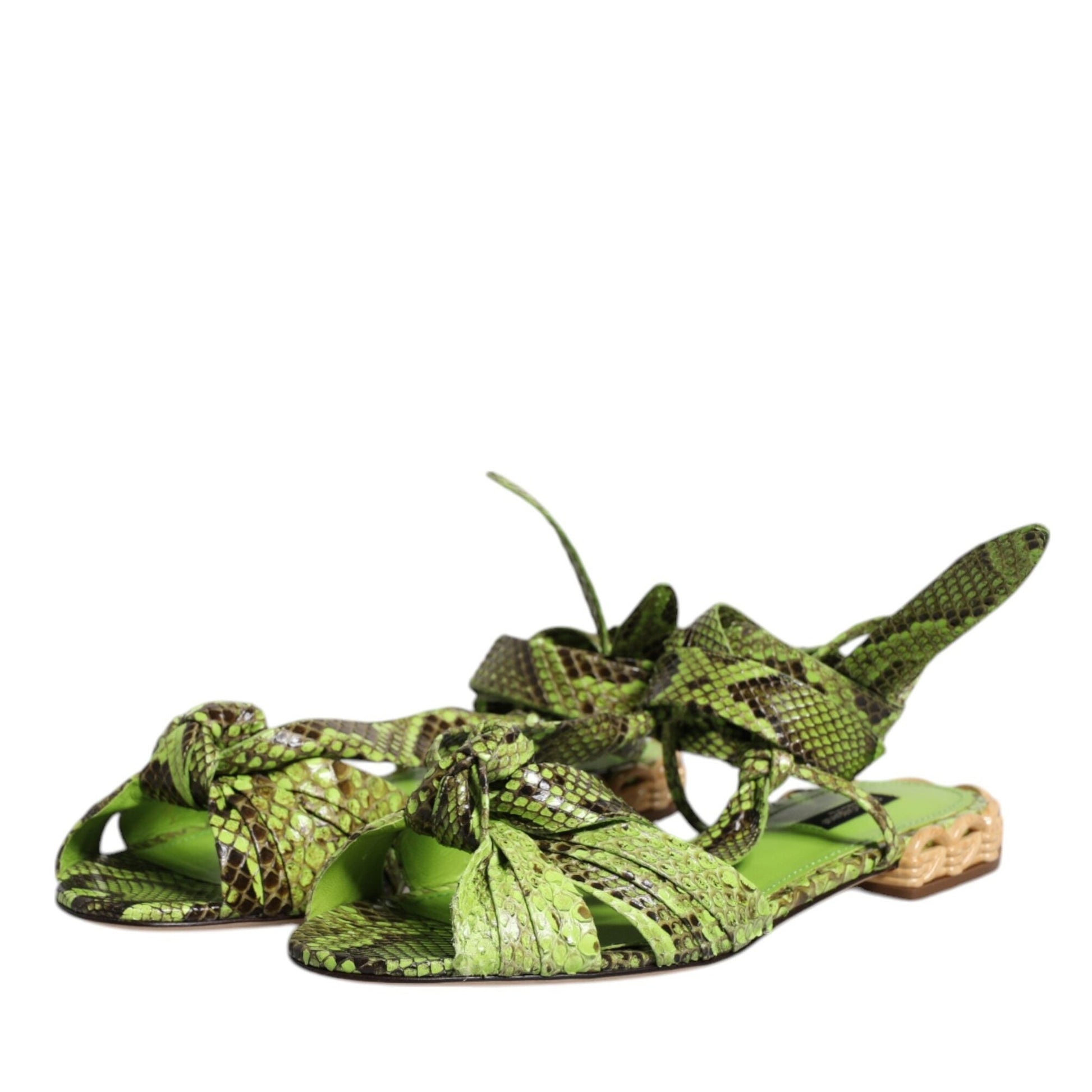 Dolce & Gabbana Green Animal Print Ankle Wrap Sandals Shoes