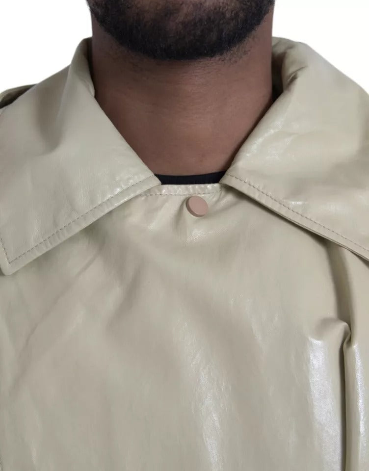 Bottega Veneta Beige Lambskin Leather Trench Coat Jacket - Eljoys Fashion 