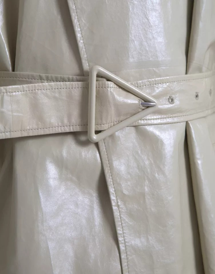 Bottega Veneta Beige Lambskin Leather Trench Coat Jacket - Eljoys Fashion 