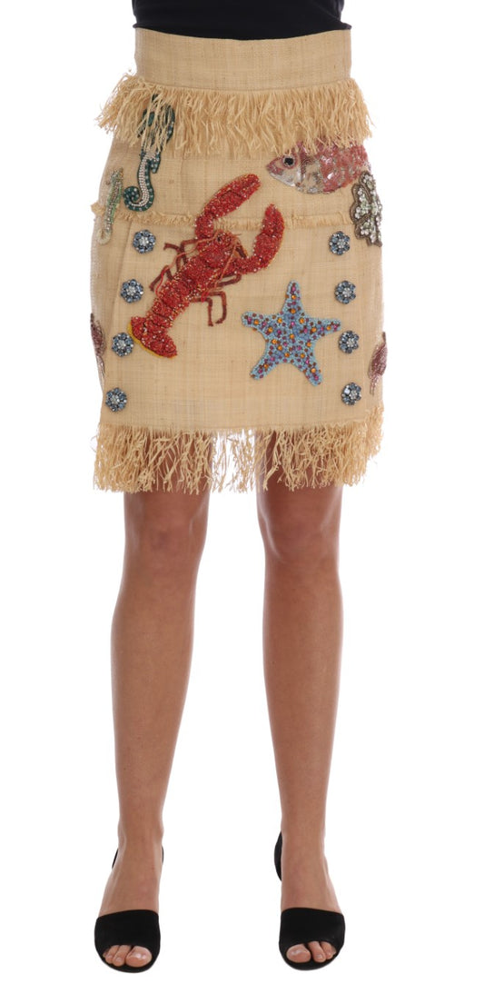 Dolce & Gabbana Crystal Beige Palm Fiber Skirt Dolce & Gabbana