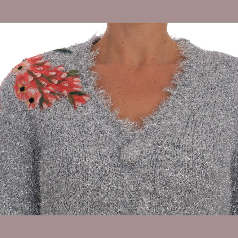 Dolce & Gabbana Silver Cardigan Floral Applique Sweater