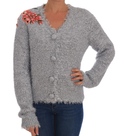 Dolce & Gabbana Silver Cardigan Floral Applique Sweater Dolce & Gabbana