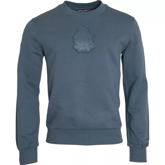 Dolce & Gabbana Blue Cotton Logo Patch Crew Neck Men Pullover Sweater Dolce & Gabbana