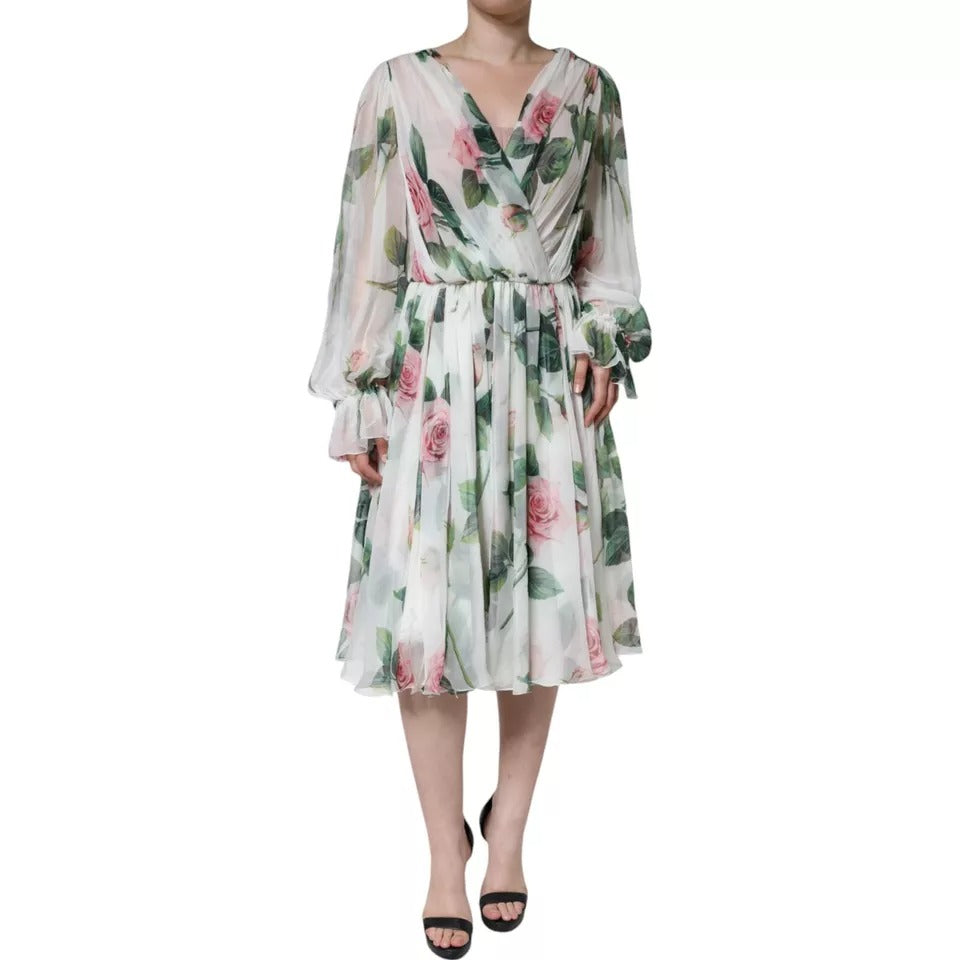 Dolce & Gabbana White Silk Floral Print A-line Midi Dress Dolce & Gabbana
