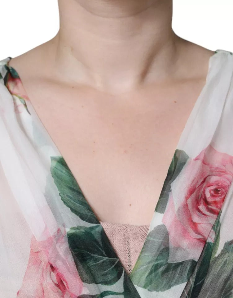 Dolce & Gabbana White Silk Floral Print A-line Midi Dress Dolce & Gabbana