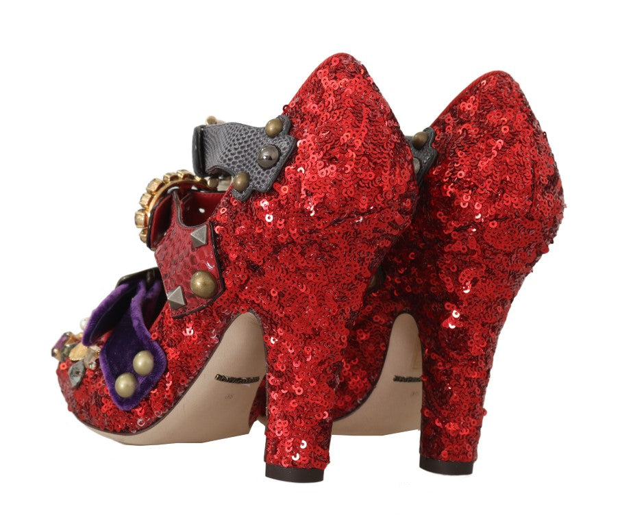 Dolce & Gabbana Red Sequined Crystal Studs Heels Shoes Dolce & Gabbana
