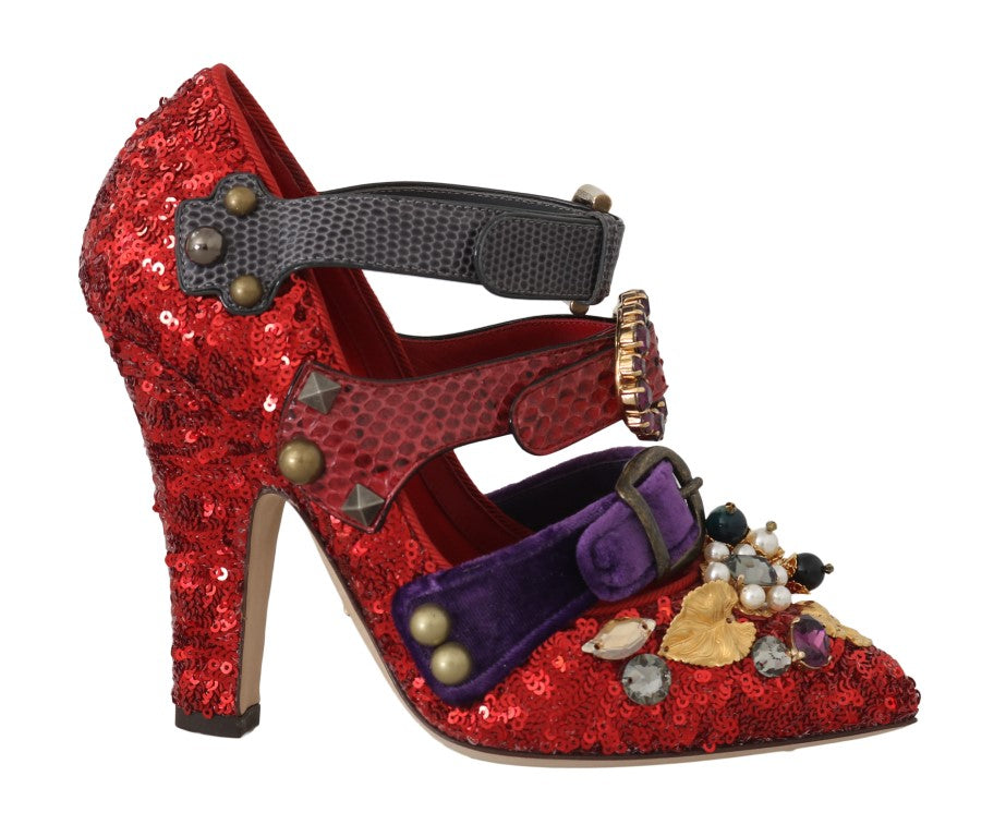 Dolce & Gabbana Red Sequined Crystal Studs Heels Shoes Dolce & Gabbana
