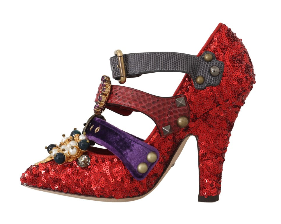 Dolce & Gabbana Red Sequined Crystal Studs Heels Shoes Dolce & Gabbana