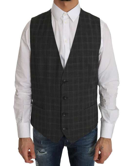 Dolce & Gabbana Gray Wool STAFF Checkered Stretch Vest Dolce & Gabbana