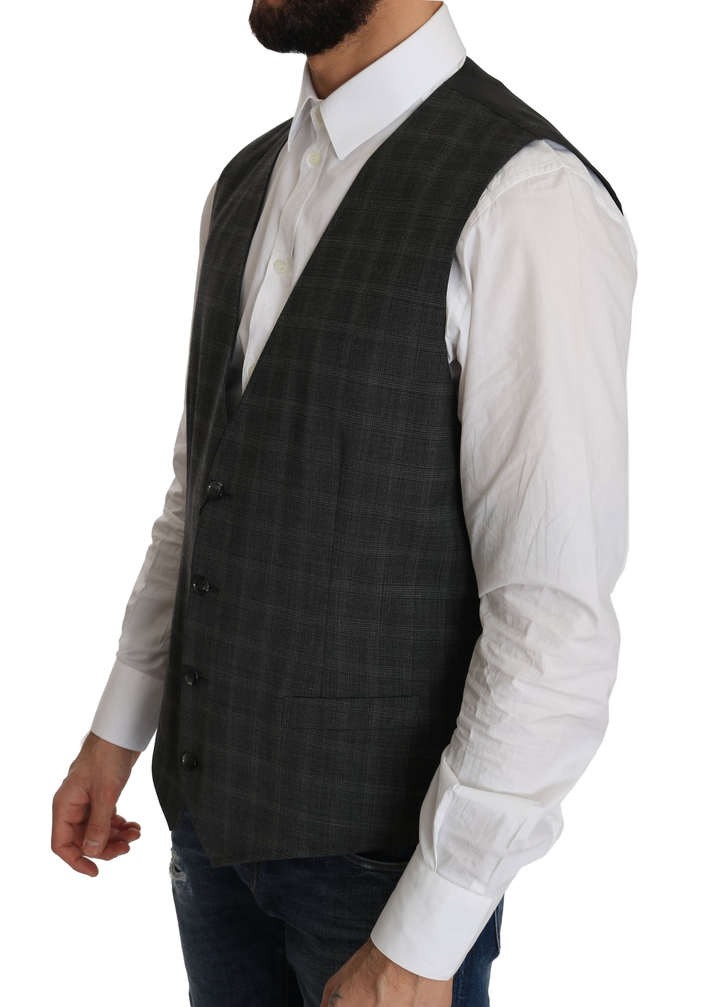 Dolce & Gabbana Gray Wool STAFF Checkered Stretch Vest Dolce & Gabbana