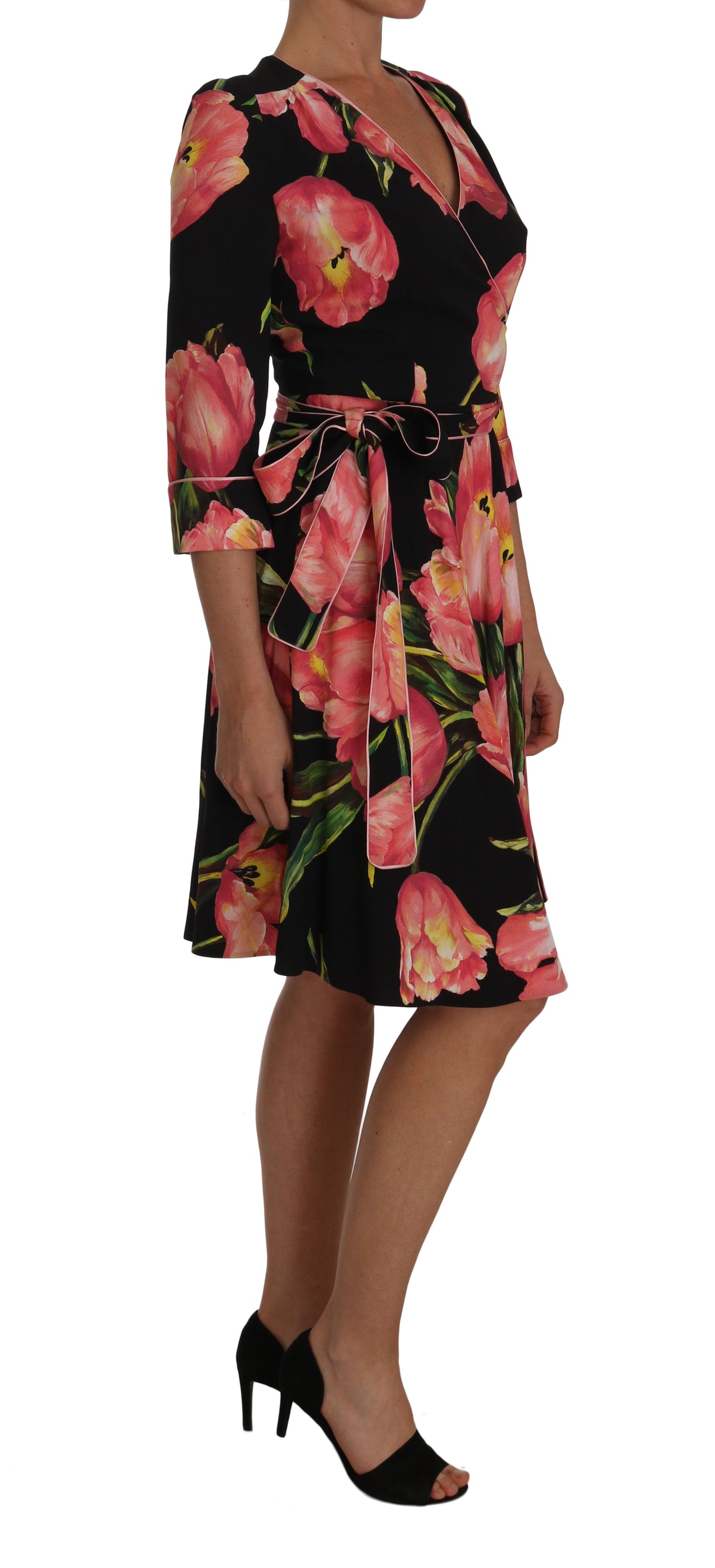 Dolce & Gabbana Black Pink Tulip Print Stretch Shift Dress Dolce & Gabbana
