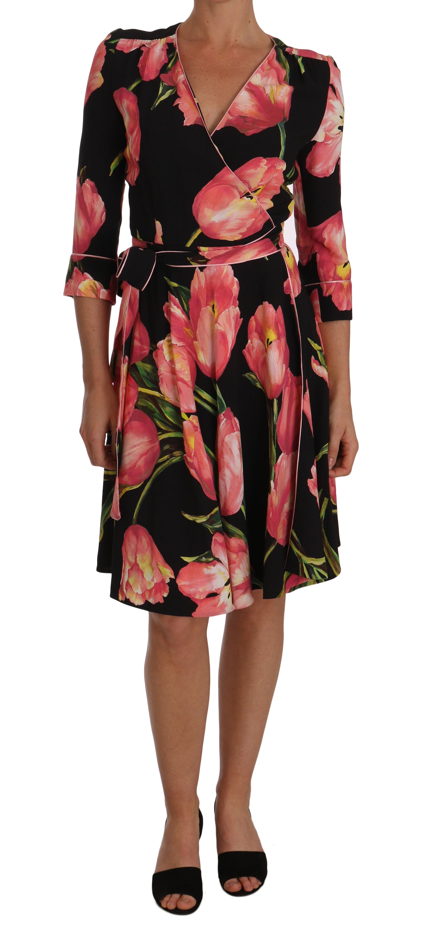 Dolce & Gabbana Black Pink Tulip Print Stretch Shift Dress Dolce & Gabbana