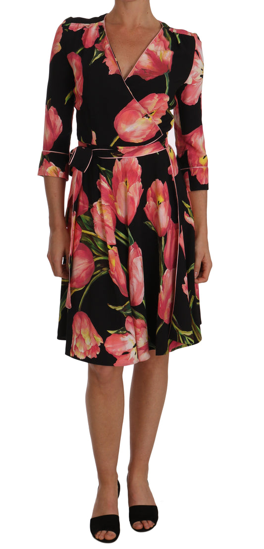 Dolce & Gabbana Black Pink Tulip Print Stretch Shift Dress Dolce & Gabbana