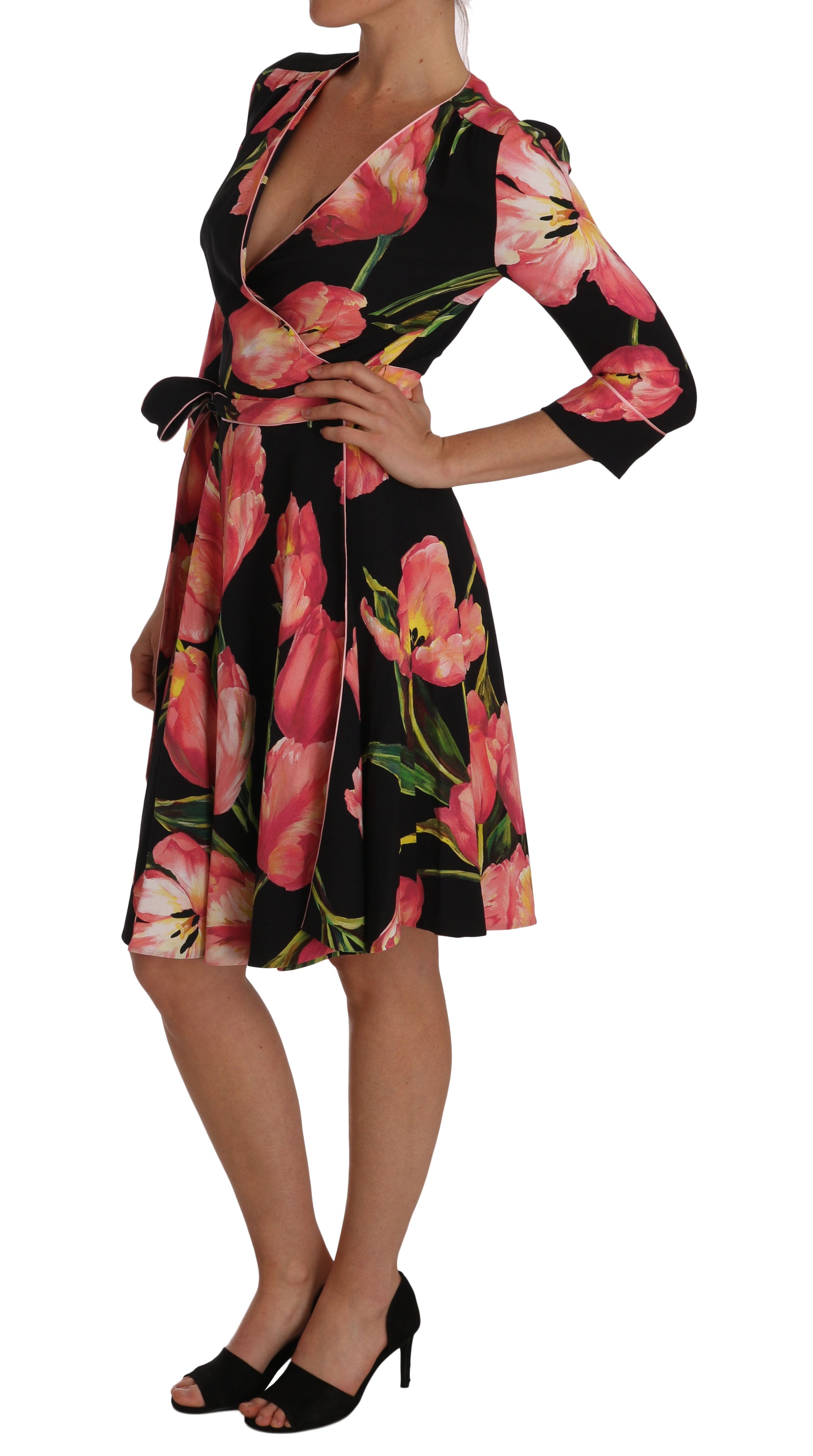 Dolce & Gabbana Black Pink Tulip Print Stretch Shift Dress Dolce & Gabbana