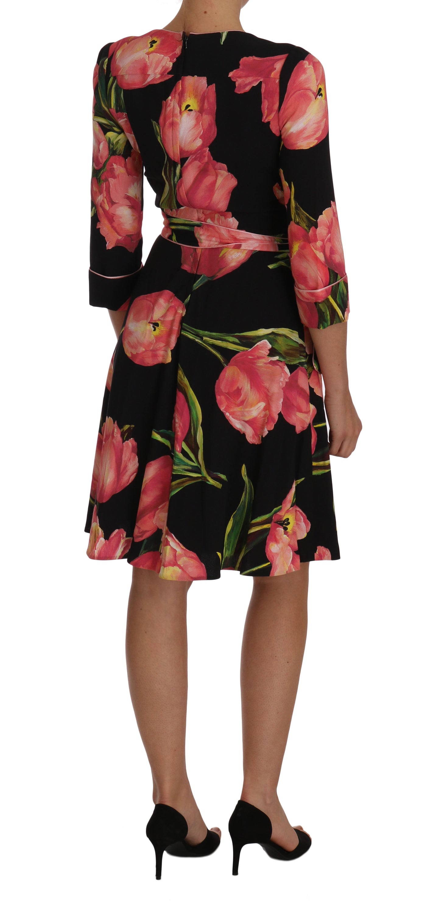 Dolce & Gabbana Black Pink Tulip Print Stretch Shift Dress Dolce & Gabbana