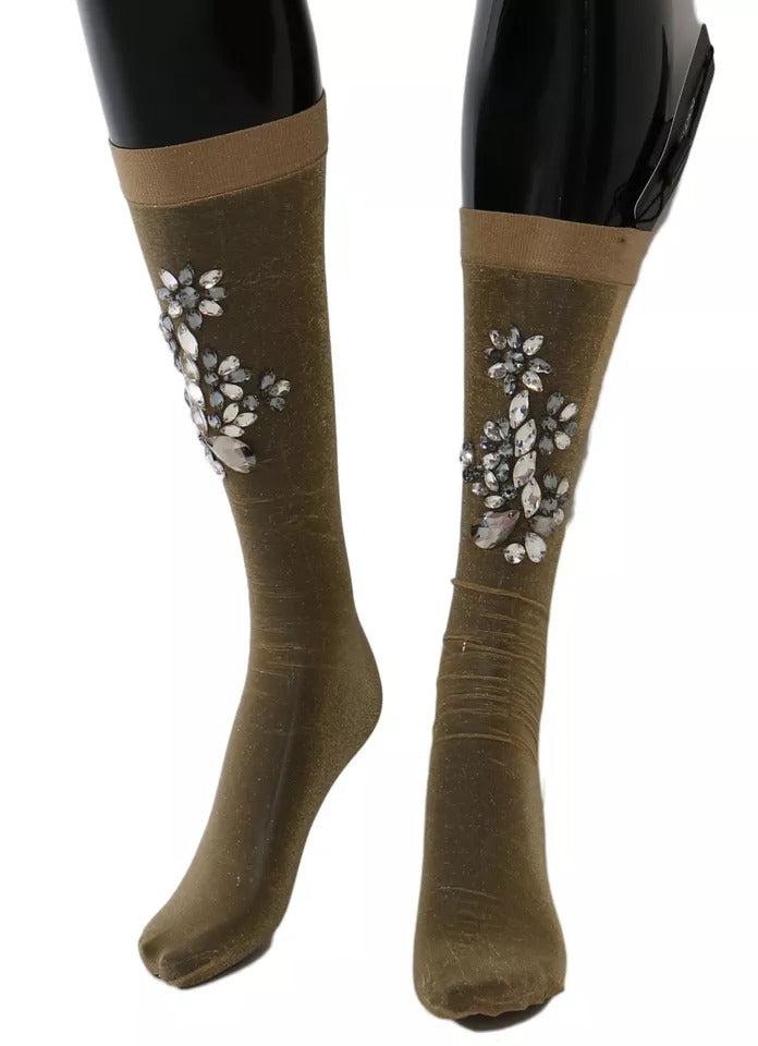 Dolce & Gabbana Gold Stretch Floral Clear Crystal Stocking Socks Dolce & Gabbana