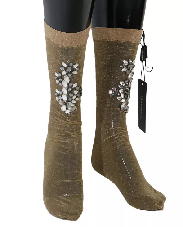 Dolce & Gabbana Gold Stretch Floral Clear Crystal Stocking Socks Dolce & Gabbana