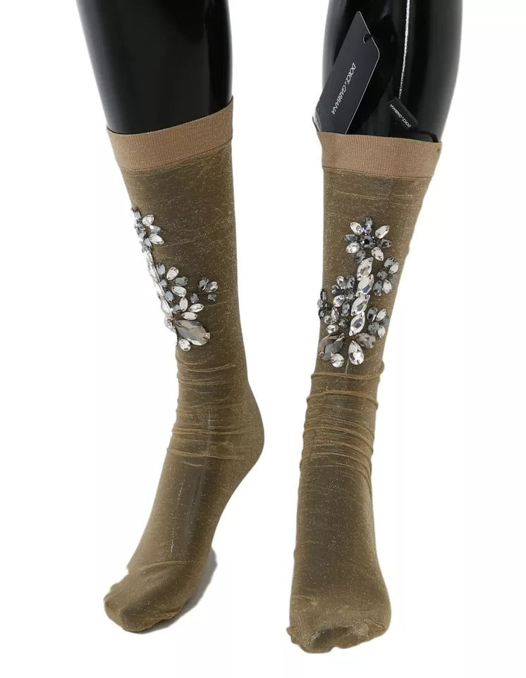 Dolce & Gabbana Gold Stretch Floral Clear Crystal Stocking Socks Dolce & Gabbana