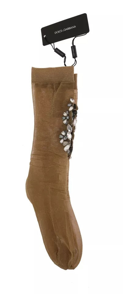Dolce & Gabbana Gold Stretch Floral Clear Crystal Stocking Socks Dolce & Gabbana