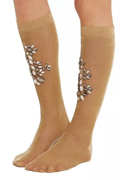 Dolce & Gabbana Gold Stretch Floral Clear Crystal Stocking Socks Dolce & Gabbana