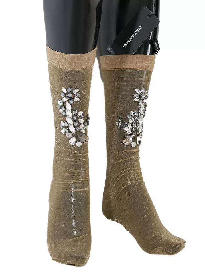 Dolce & Gabbana Gold Stretch Floral Clear Crystal Stocking Socks Dolce & Gabbana