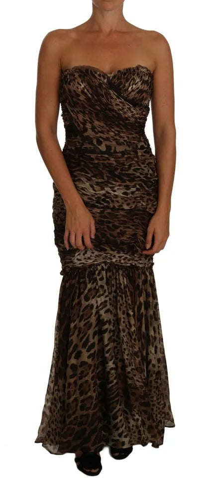 Dolce & Gabbana Brown Leopard Silk Chiffon Ruched Mermaid Maxi Dress Dolce & Gabbana