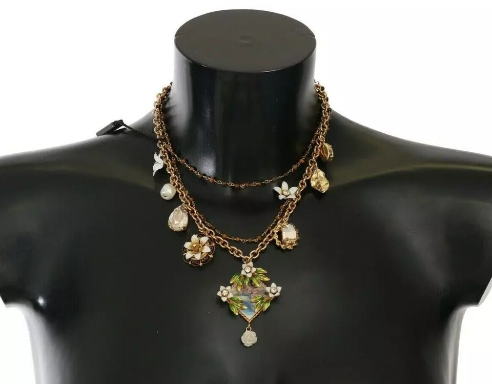Dolce & Gabbana Gold Brass Crystal Floral Statement Charms Necklace Dolce & Gabbana