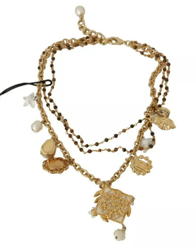 Dolce & Gabbana Gold Brass Crystal Floral Statement Charms Necklace Dolce & Gabbana
