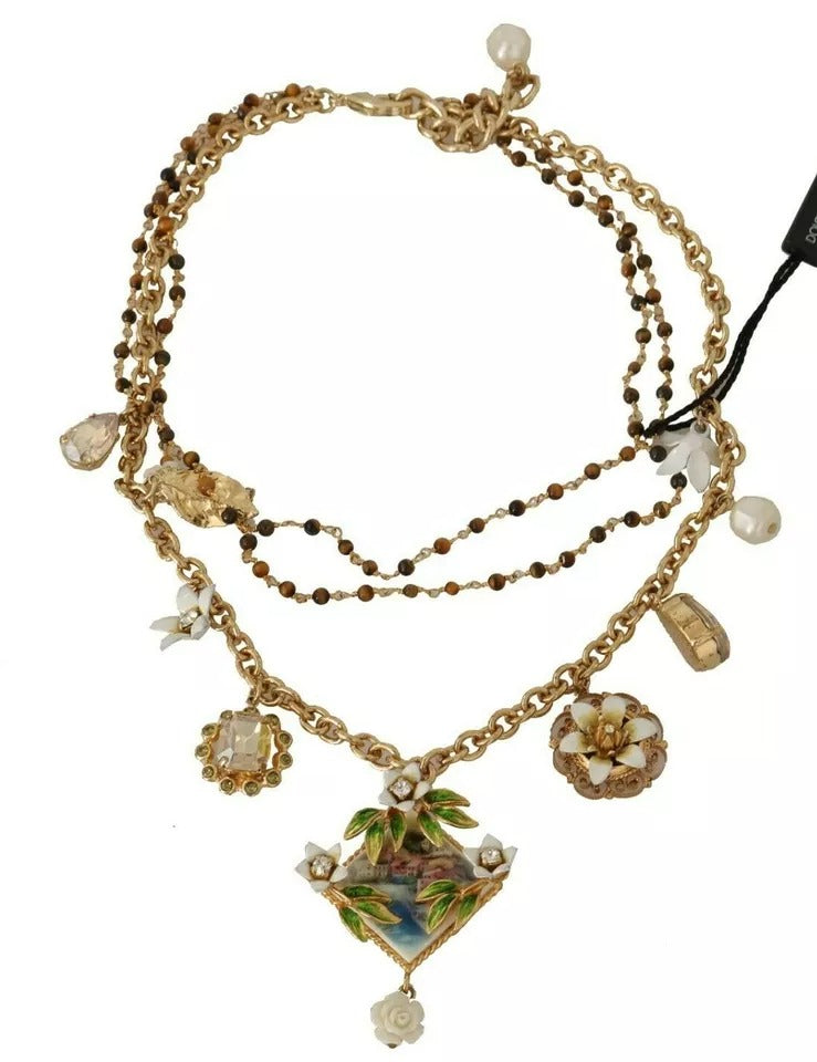 Dolce & Gabbana Gold Brass Crystal Floral Statement Charms Necklace Dolce & Gabbana