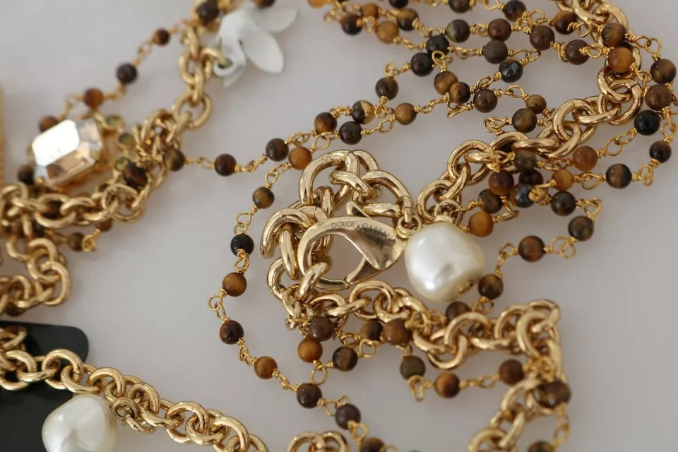 Dolce & Gabbana Gold Brass Crystal Floral Statement Charms Necklace Dolce & Gabbana