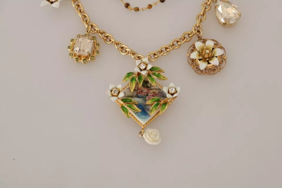 Dolce & Gabbana Gold Brass Crystal Floral Statement Charms Necklace Dolce & Gabbana