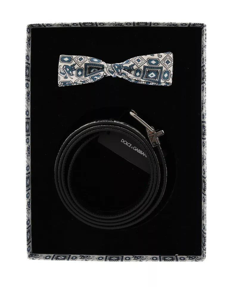 Dolce & Gabbana White Blue Silk Bowtie Leather Belt Gift Box Set Dolce & Gabbana
