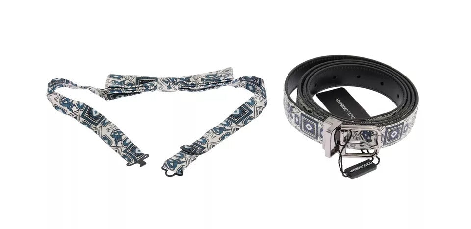 Dolce & Gabbana White Blue Silk Bowtie Leather Belt Gift Box Set Dolce & Gabbana