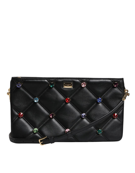 Dolce & Gabbana Black Leather Crystal Embellished Logo Shoulder Bag Dolce & Gabbana
