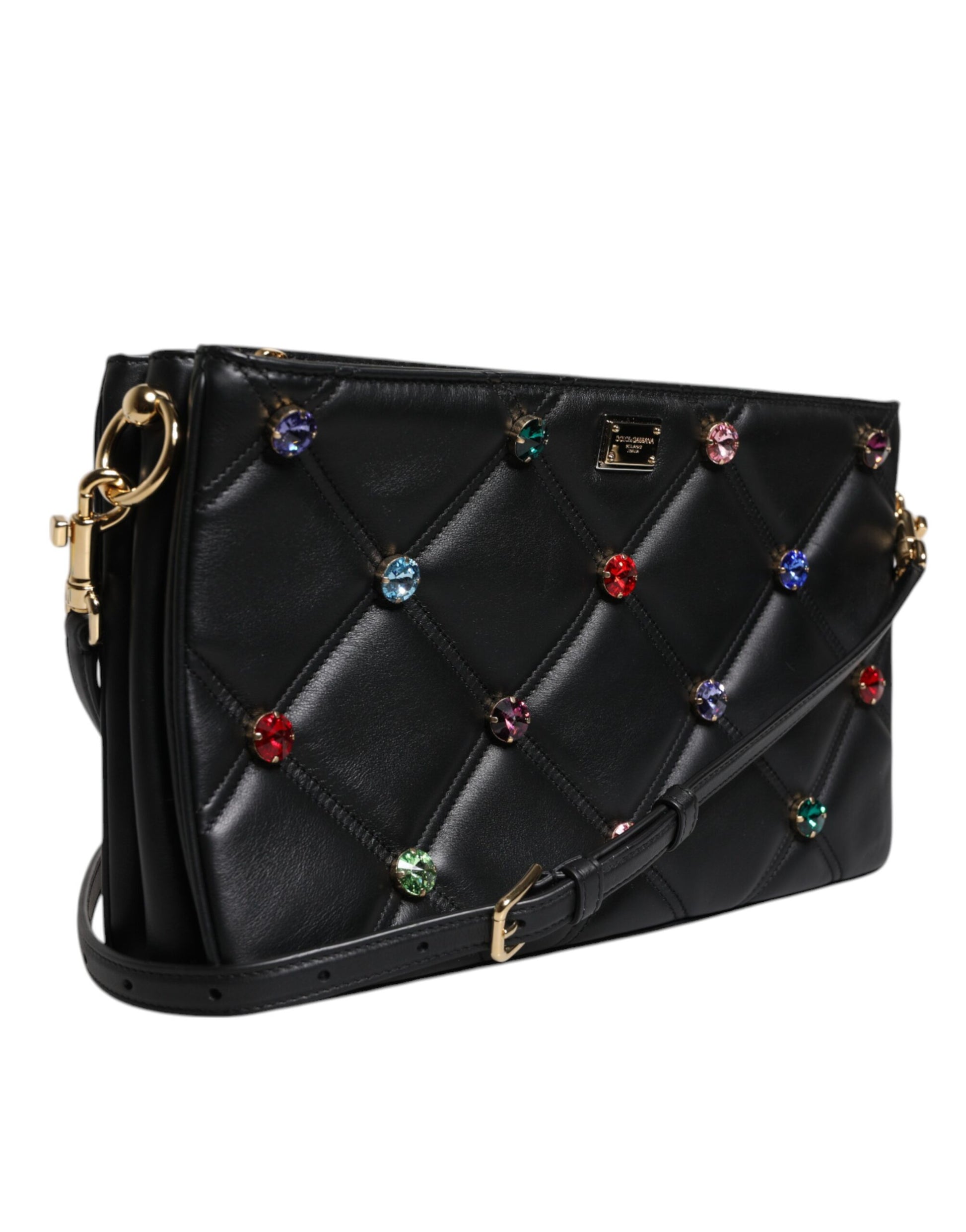 Dolce & Gabbana Black Leather Crystal Embellished Logo Shoulder Bag Dolce & Gabbana