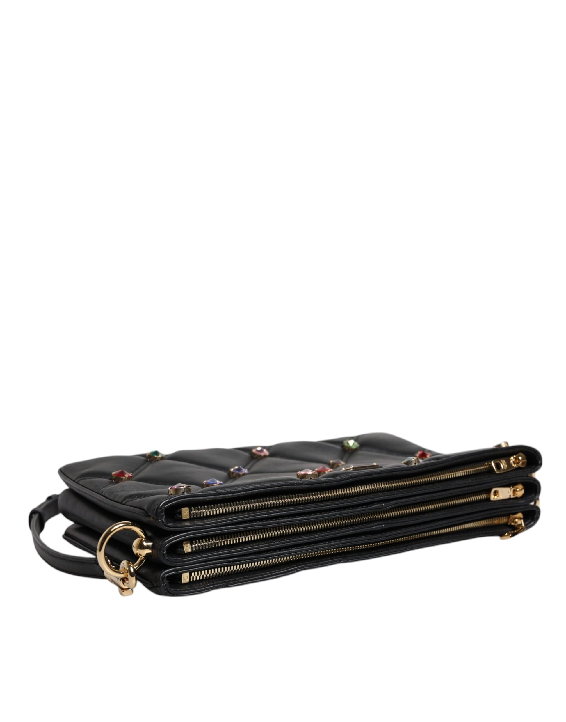 Dolce & Gabbana Black Leather Crystal Embellished Logo Shoulder Bag Dolce & Gabbana